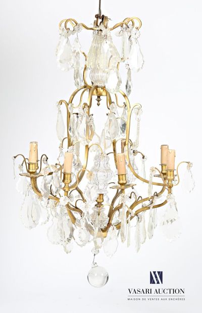 null Bronze cage chandelier with six lights, it presents in its center a sting supported...