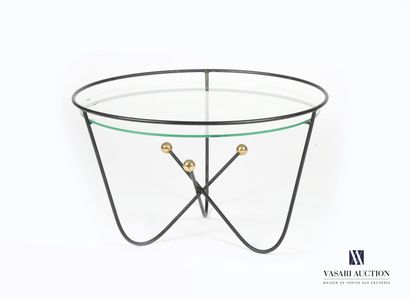 null Coffee table in black lacquered metal, the round glass top rests on three curved...