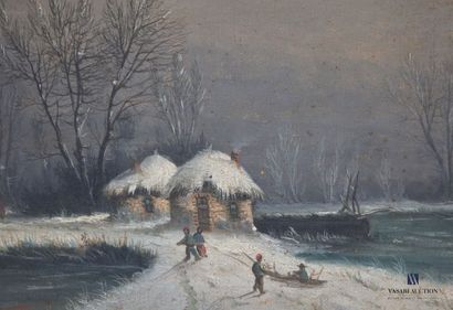 null French school of the XXth century 
Snowy cottages in a lake landscape
Oil on...