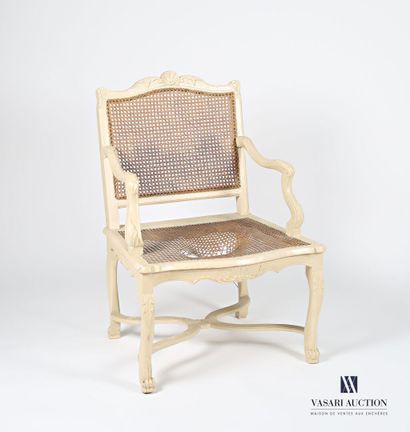 null Armchair in molded natural wood, carved and relacquered cream, the straight...