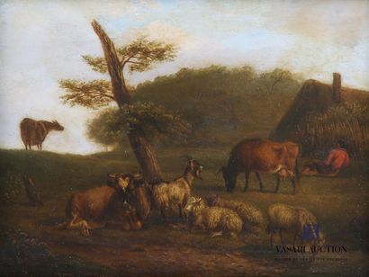 null École hollandaise du XIXème siècle
Troupeau de vaches et chèvres
Huile sur panneau
21...