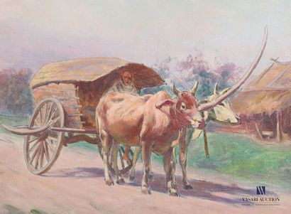 null FREQUENEZ Paul Léon (1876-1943)
Charette pulled by bufles on a road in Indochina
Oil...