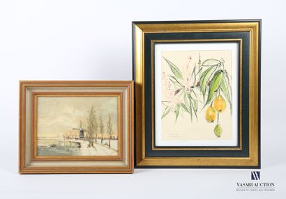null Lot including two framed pieces:
- HM - View of the mill - Oil on canvas - Monogrammed...