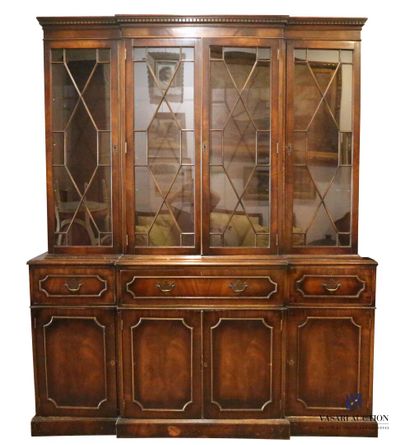 null Mahogany veneer desk-library, the upper part opens with four glass doors, the...
