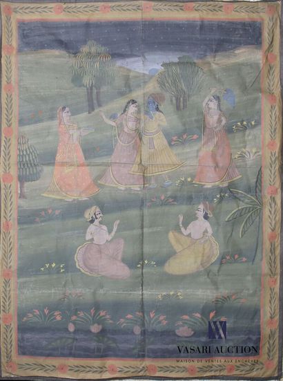 null Painting on silk representing a scene of elegant women in a landscape.
119 x...