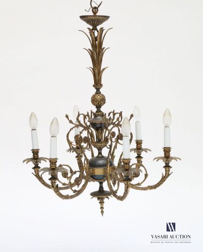 null Bronze and brass chandelier with a midnight blue patina with six arms of lights,...