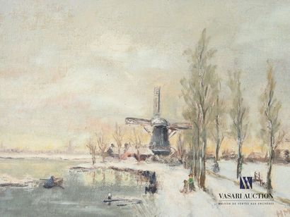 null Lot including two framed pieces:
- HM - View of the mill - Oil on canvas - Monogrammed...