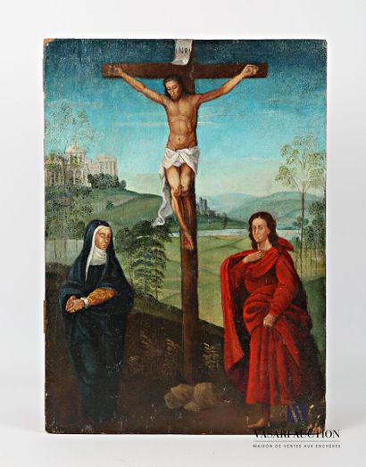 null École française du XXème siècle
Le christ crucifié entre la Vierge et Saint...