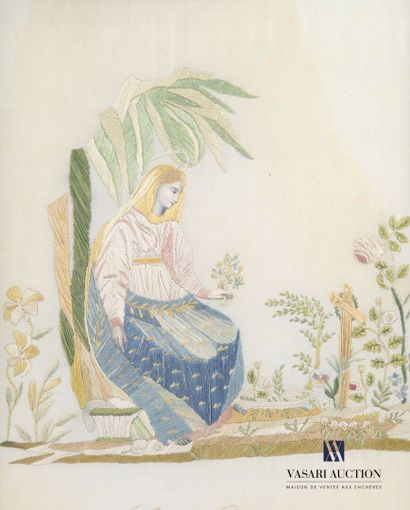 null Painting decorated with an embroidery in small points and printing on silk representing...