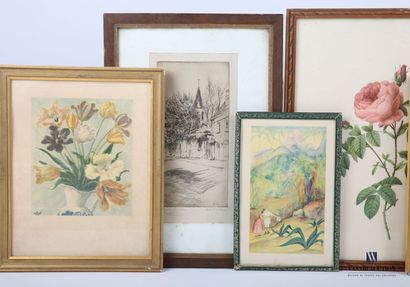 null Lot including ten pieces :
- ROBIN L. d'après - Vue de clocher - Etching - Artist's...