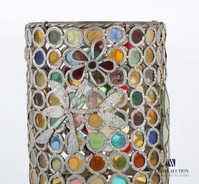 null Metal lamp with tripod base, the lampshade decorated with pastille and stylized...