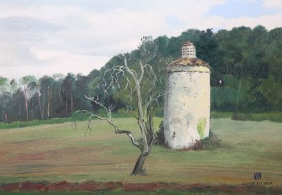 null ROUQUET Ch. (XXth century) 
Hilly autumn landscape - Tower in the meadow - Stone...