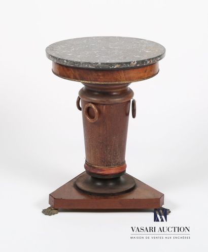 null Mahogany veneered pedestal table standing on a triangular base finished with...