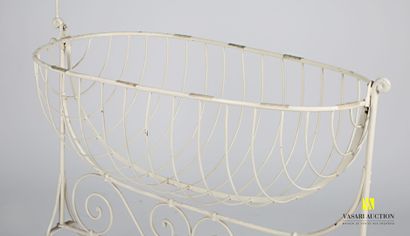 null White lacquered wrought iron cradle in the shape of a boat hull resting on two...