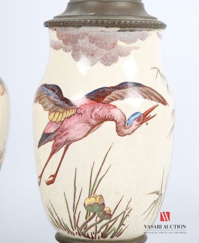 null Lot including four lamp bases, two in fine earthenware decorated with birds...