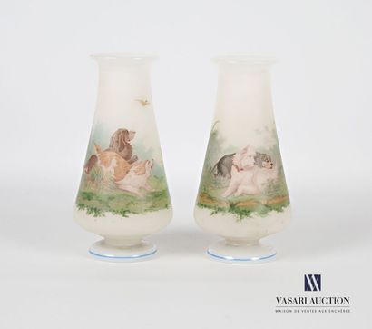 null Pair of opaline glass vases of conical form posing on a pedestal base, the body...
