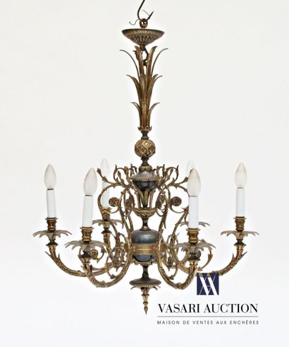 null Bronze and brass chandelier with a midnight blue patina with six arms of lights,...