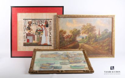 Lot of three framed pieces including, a papyrus...