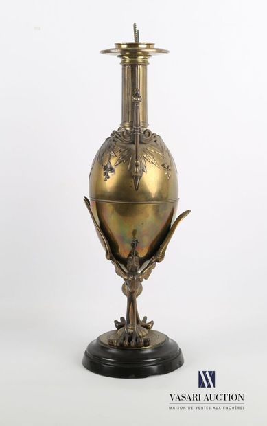 null Lamp stand in bronze, the ovoid shaft is hemmed with leaves and plants in fall,...