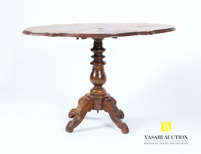 null Pedestal table in veneer, the tilting tray of shuttle shape with scalloped edge...