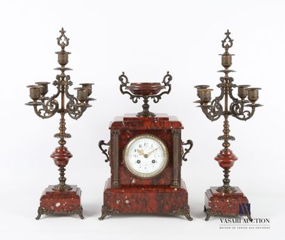 A griotte marble mantel set including a clock,...