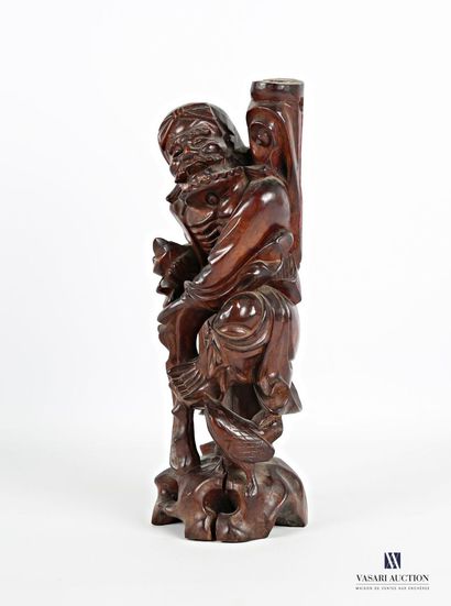 null ASIA
Carved wooden subject representing an old man holding a stick, a bird pecking...