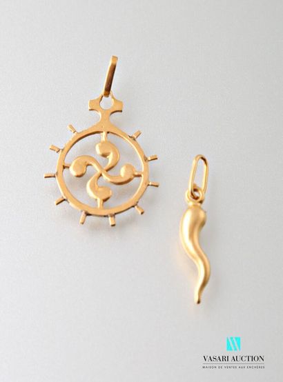 null Two pendants in yellow gold 750 thousandths: Basque cross and pepper 
Weight...