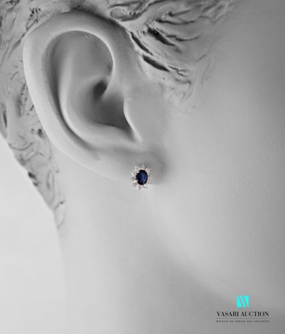 null Pair of oval-shaped white gold earrings set with two oval-cut sapphires calibrating...