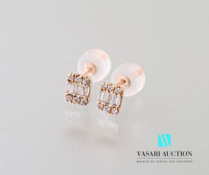 null Pair of earrings in pink gold 750 thousandths decorated with round and baguette...