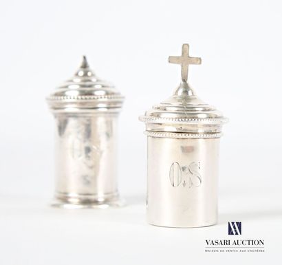 null Two boxes for the Holy Oils in silver of tubular form, the lid hemmed with a...