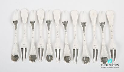 null Suite of twelve silver snail forks, the handle hemmed with nets and crossed...