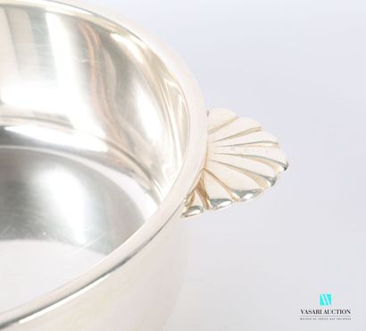 null Round bowl of plain silver plated metal posing on a flat bottom, the handles...