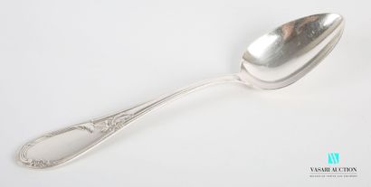 null Silver plated stew spoon, the handle hemmed with nets is decorated with foliage...