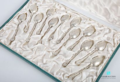 null Set of twelve silver plated mocha spoons, the spoon simulating a leaf, the handle...