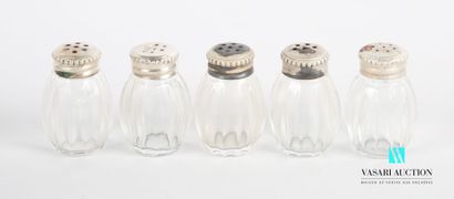null Suite of five glass saltcellars of ovoid form with ribs, the lid with silver...