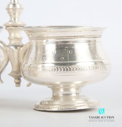 null Pair of double saltcellars in silver plated metal on a pedestal base, the body...