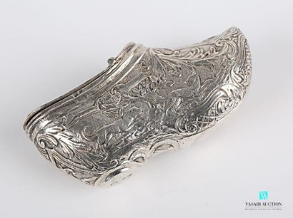 null Silver snuff box of sabot shape decorated with a scene of a dog chasing a fox...
