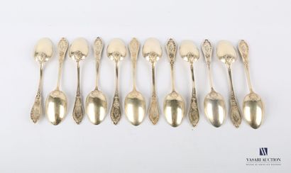 null Suite of twelve silver gilt tea spoons, the handle decorated with nets, asparagus...