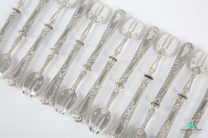 null Suite of twelve silver oyster forks, the handle stuffed with acanthus leaves...