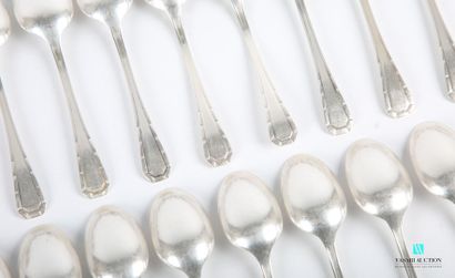 null Set of twenty-three silver plated tea spoons and a ladle, the handle decorated...