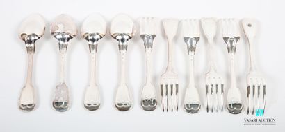 null Four cutlery items and two forks in silver plated metal, net pattern, numbered...