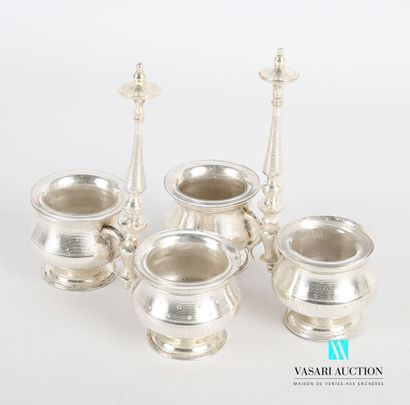 null Pair of double saltcellars in silver plated metal on a pedestal base, the body...