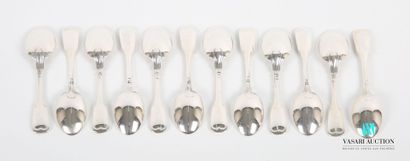 null Set of twelve silver mocha spoons, the handle hemmed with fillets.
Weight :...