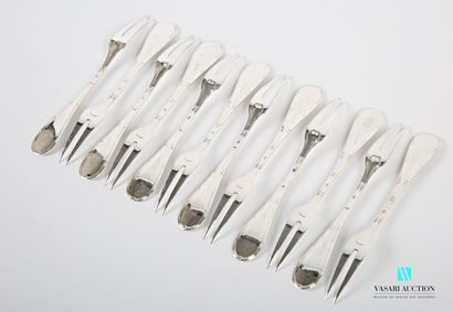 null Suite of twelve silver snail forks, the handle hemmed with nets and crossed...