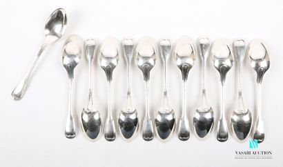 null Suite of twelve silver tea spoons, the handle decorated with nets.
Weight :...