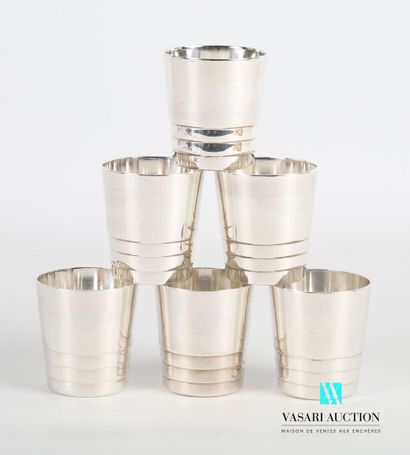 null Suite of six silver-plated metal goblets on a flat bottom, the truncated cone-shaped...