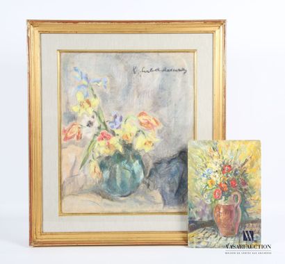 null CERBADERNAY Y.
Bouquet d'iris et tulipes 
Fusain et pastel
Signé en haut à droite
53...