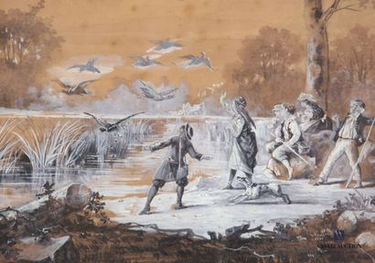 null CARON G. (XIX- XXème siècle)
Jeunes gens jouant avec les canards autour de l'étang
Lavis...