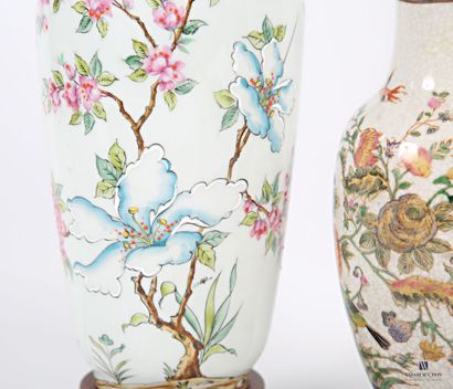 null Set of two porcelain lamp vases, one decorated with prunus branches in bloom,...