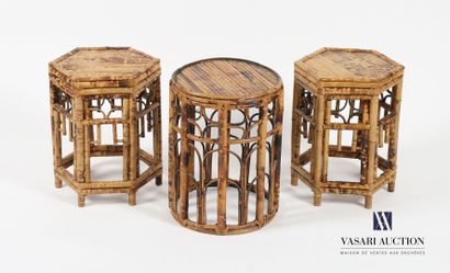 null Set of three bamboo stools, one with tubular section (Height: 43 cm), two with...
